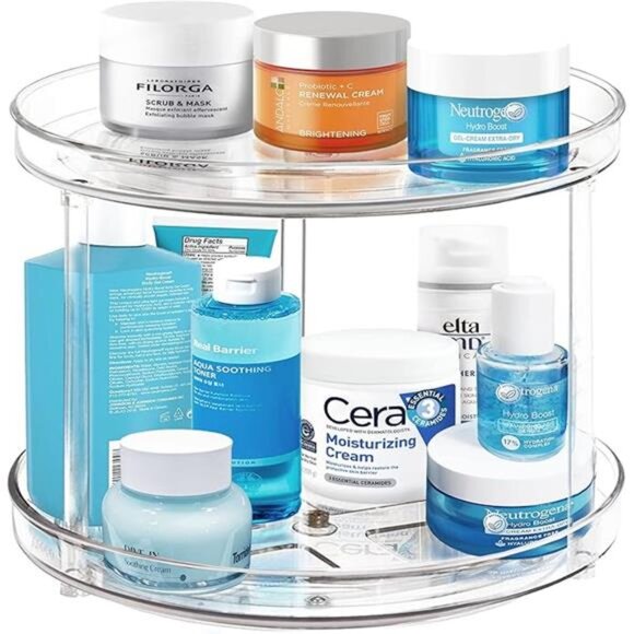 2 Tier Lazy Susan Bathroom Organizer, Clear 360 Rotating Makeup Organizer - Picture 7 of 7